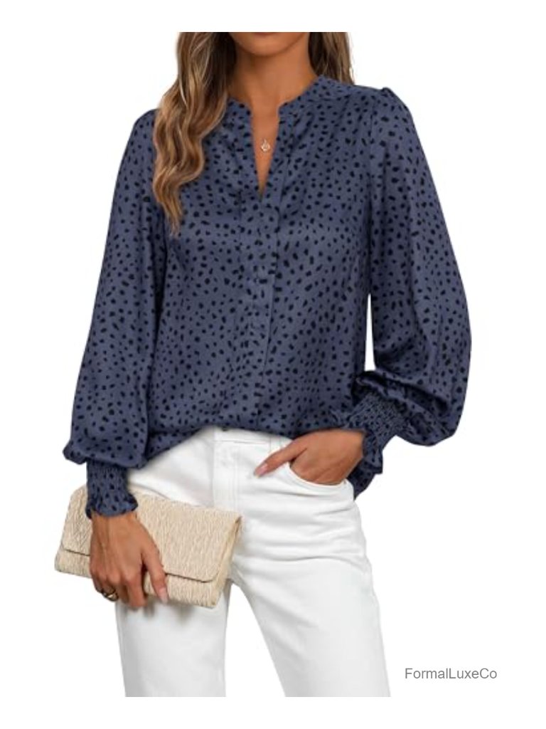 Women's V-Neck Boho Floral Long Sleeve Chiffon Blouse - Dressy Casual Puff